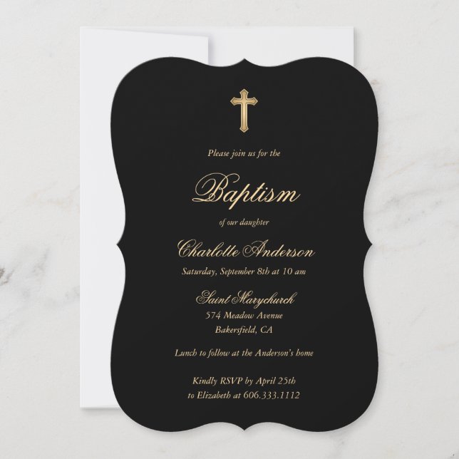 Invitation Élégant Black Gold Cross Script Baptême (Devant)