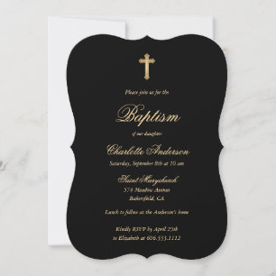 Invitation Élégant Black Gold Cross Script Baptême