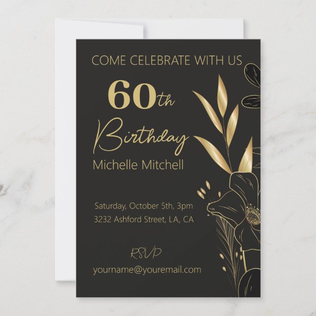 Invitation Elégant Black Gold Custom 60e anniversaire N'impor (Devant)