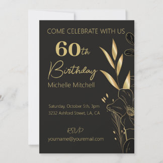 Invitation Elégant Black Gold Custom 60e anniversaire N'impor