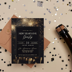 Invitation Elégant Black Gold Fireworks Fête de la Réveillon