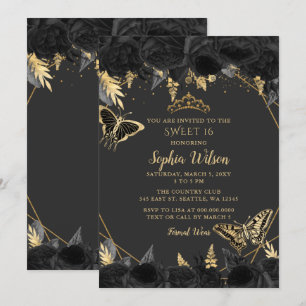 Invitation Elégant Black Gold Floral Butterfly doux 16