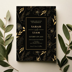 Invitation Elégant Black Gold Floral Luxe Romantique Mariage