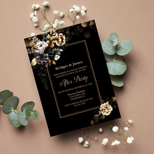 Invitation Elégant Black Gold Floral Mariage après la fête (Créateur téléchargé)