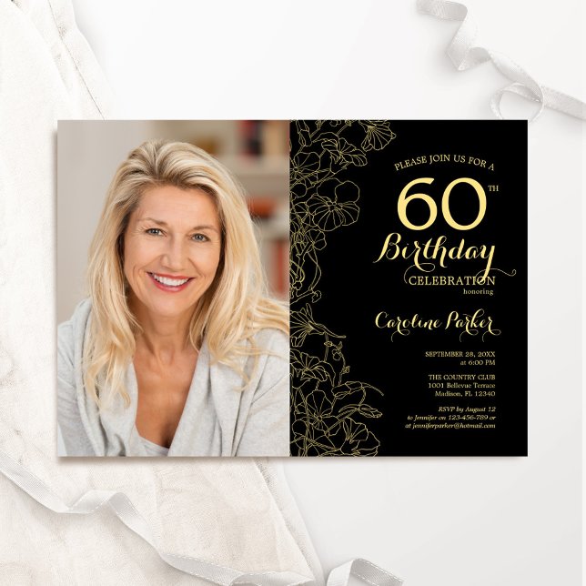 Invitation Elégant Black Gold Floral Photo 60e anniversaire (Créateur téléchargé)