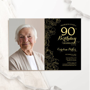 Invitation Elégant Black Gold Floral Photo 90e anniversaire