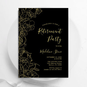 Invitation Élégant Black Gold Floral Retraite Party