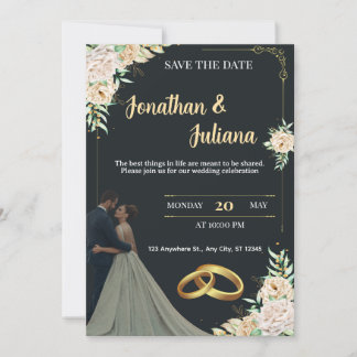 Invitation Elegant Black & Gold Floral Save the Date Wedding 