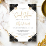 Invitation Elegant Black Gold Floral White Sweet 16 Party<br><div class="desc">This elegant Sweet Sixteen birthday party invitation features black roses with faux gold foil foliage in four corners on a white background. The words "Sweet Sixteen" and the name of the guest of honor appear in trendy gold-colored modern handwriting script. Add the details in charcoal gray sans serif font.</div>