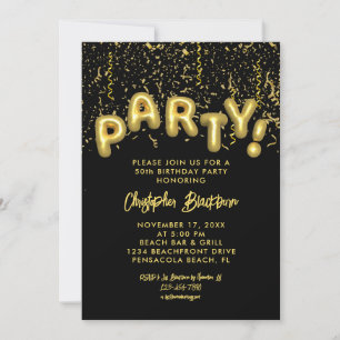 Invitation Élégant Black & Gold Foil Balloon 50e anniversaire