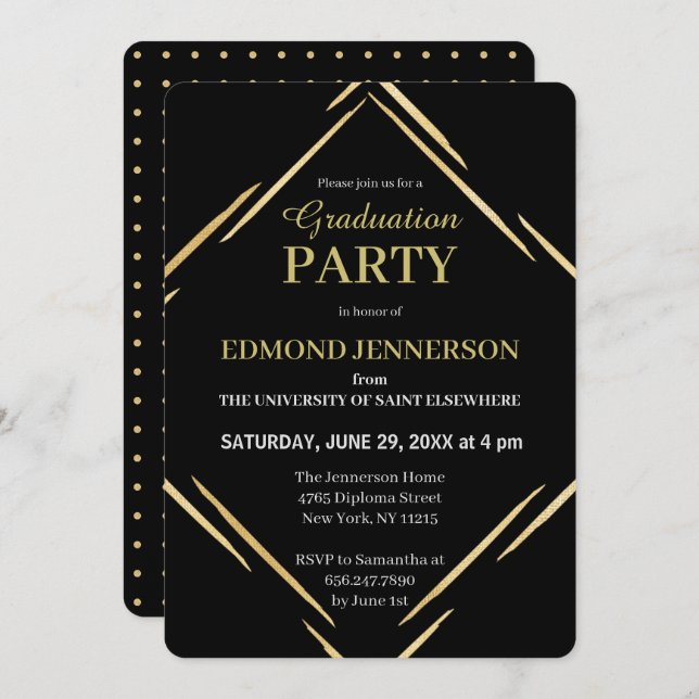 Invitation Elégant Black Gold Geometry 2025 Graduation Party (Devant / Derrière)