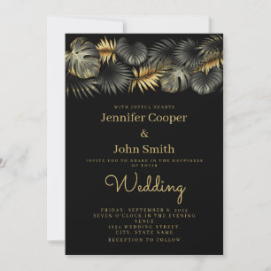 Invitation Élégant Black Gold Glam Tropical Leaf Mariage