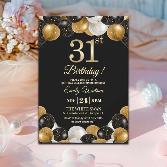 Invitation Elegant Black Gold Glitter 31st Birthday Party (Créateur téléchargé)