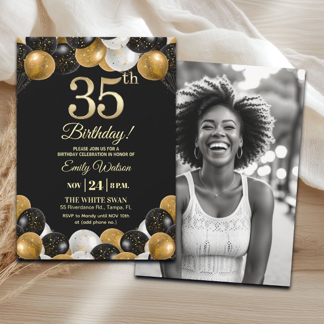 Invitation Elegant Black Gold Glitter 35th Birthday Photo (Créateur téléchargé)