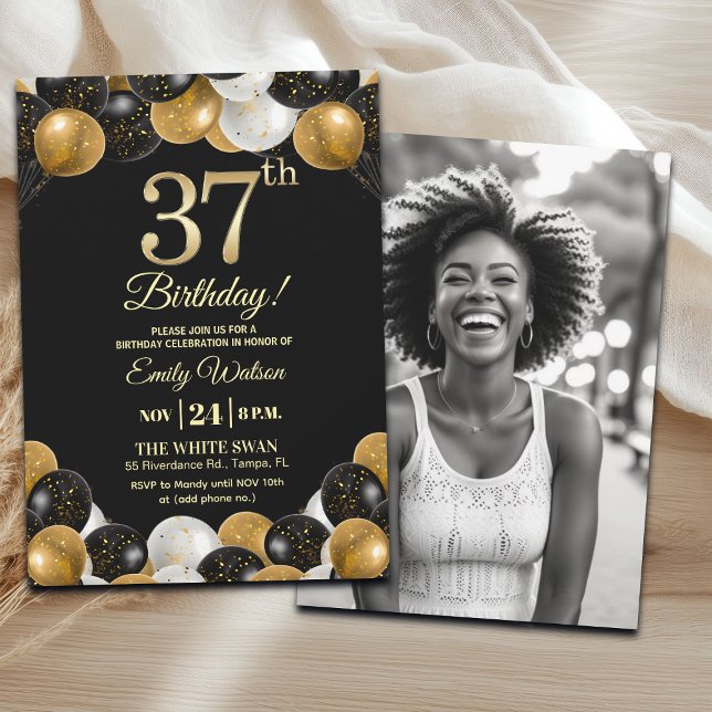 Invitation Elegant Black Gold Glitter 37th Birthday Photo (Créateur téléchargé)