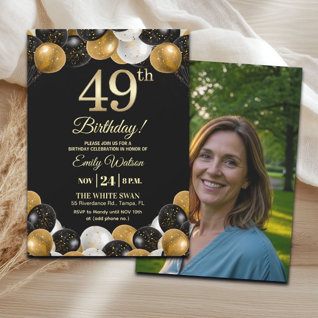 Invitation Elegant Black Gold Glitter 49th Birthday Photo (Créateur téléchargé)