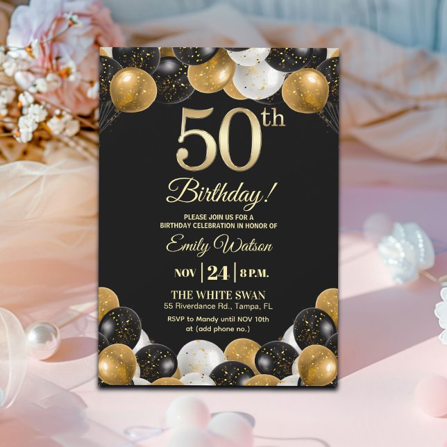 Invitation Elegant Black Gold Glitter 50th Birthday Party (Créateur téléchargé)