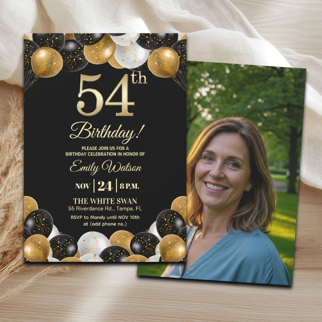 Invitation Elegant Black Gold Glitter 54th Birthday Photo (Créateur téléchargé)