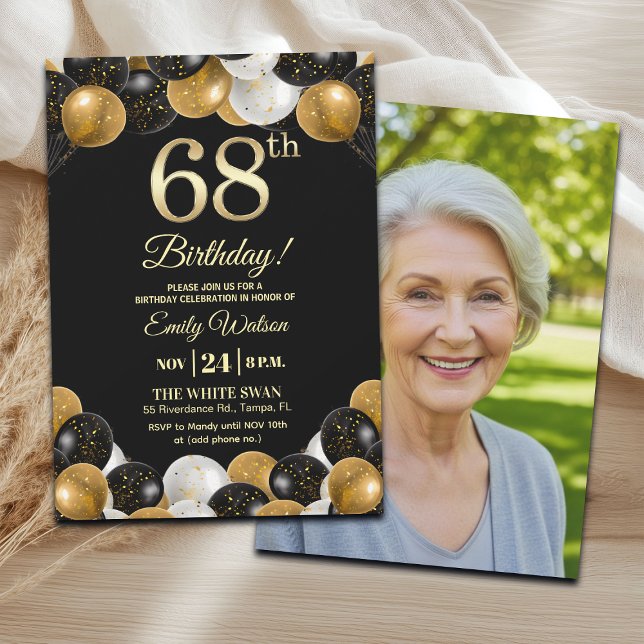 Invitation Elegant Black Gold Glitter 68th Birthday Photo (Créateur téléchargé)
