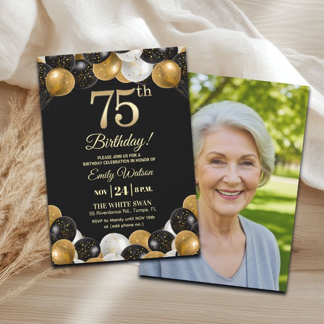 Invitation Elegant Black Gold Glitter 75th Birthday Photo (Créateur téléchargé)