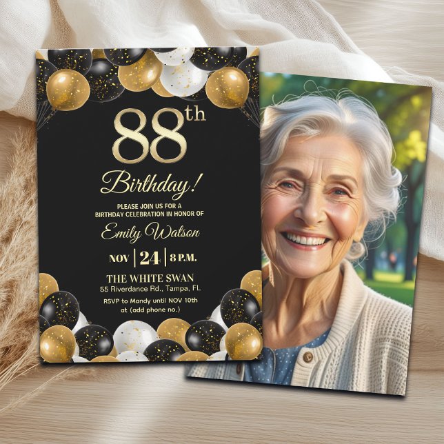 Invitation Elegant Black Gold Glitter 88th Birthday Photo (Créateur téléchargé)