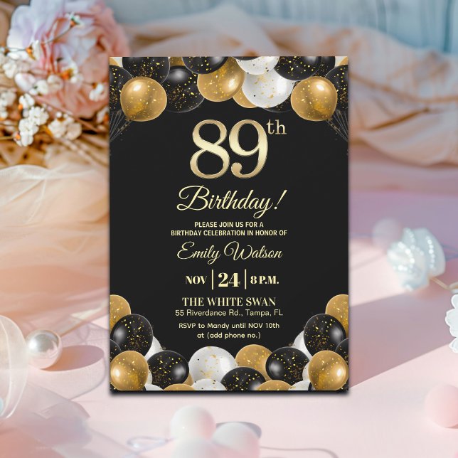 Invitation Elegant Black Gold Glitter 89th Birthday  (Créateur téléchargé)