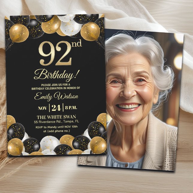 Invitation Elegant Black Gold Glitter 92nd Birthday Photo (Créateur téléchargé)