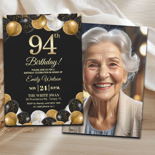 Invitation Elegant Black Gold Glitter 94th Birthday Photo (Créateur téléchargé)
