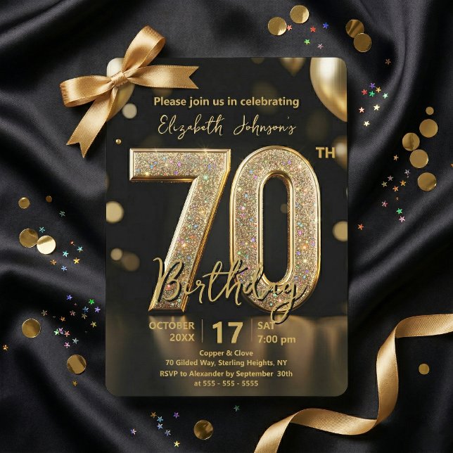 Invitation Elegant Black Gold Glitter Balloons 70th Birthday (Créateur téléchargé)