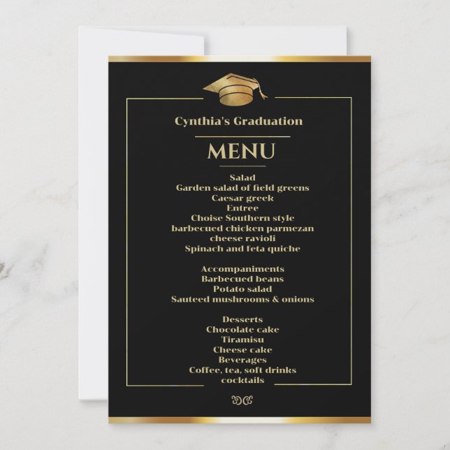 Invitation Elégant Black & Gold Graduation Menu du dîner (Devant)