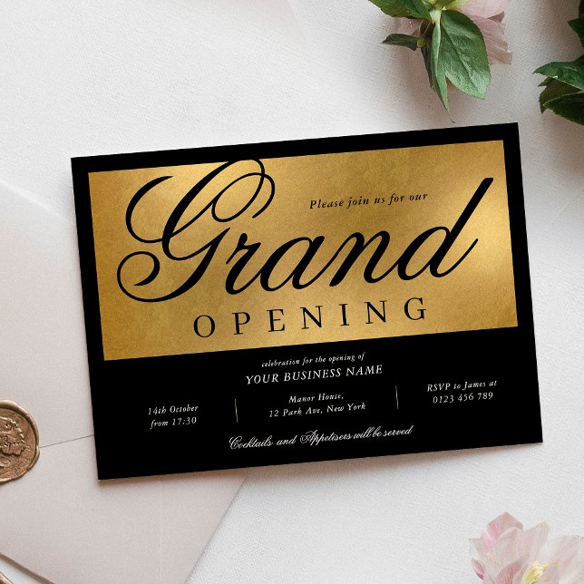 Invitation Elegant Black & Gold Grand Ouverture d'événement B (Elegant black and gold foil effect Business Grand Opening Invitation)