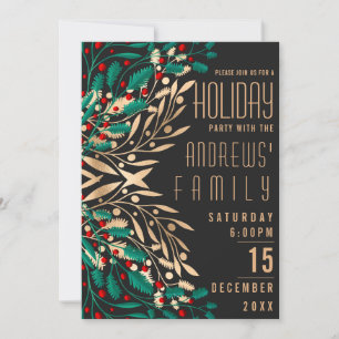 Invitation Elégant Black Gold Holly Berry Feuilles vacances