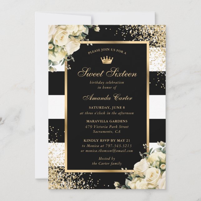 Invitation Elégant Black Gold Ivory Floral Sweet 16 Anniversa (Devant)