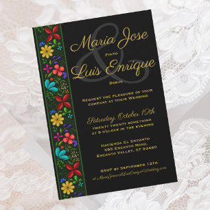 Invitation Élégant Black Gold Latin Folk Floral Mariage