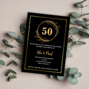 Invitation Elégant Black Gold Leaf 50e anniversaire Mariage