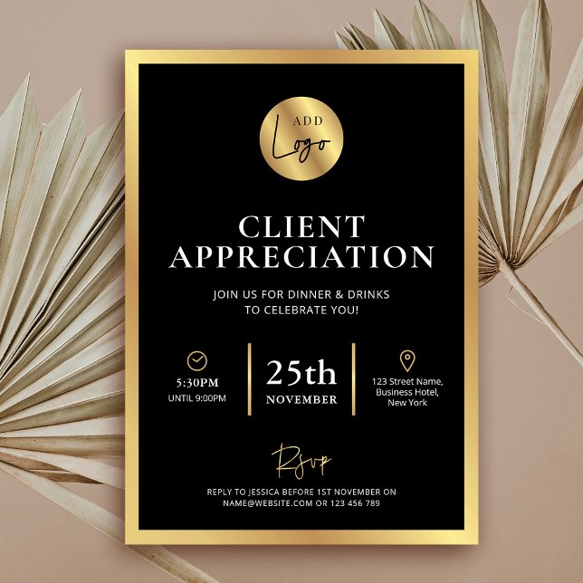 Invitation Élégant Black Gold Logo Client Appréciation Event (Elegant black and faux gold business  (client, staff or donor) appreciation event invitation)