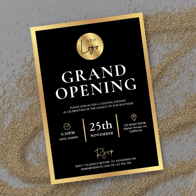 Invitation Élégant Black Gold Logo Nouveau Business Ouverture (Black & gold business grand opening invitations with space for your logo and custom event details)
