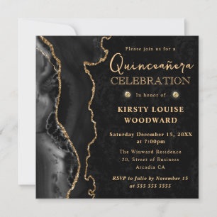 Invitation Elégant Black Gold Parties scintillant Agate Quinc