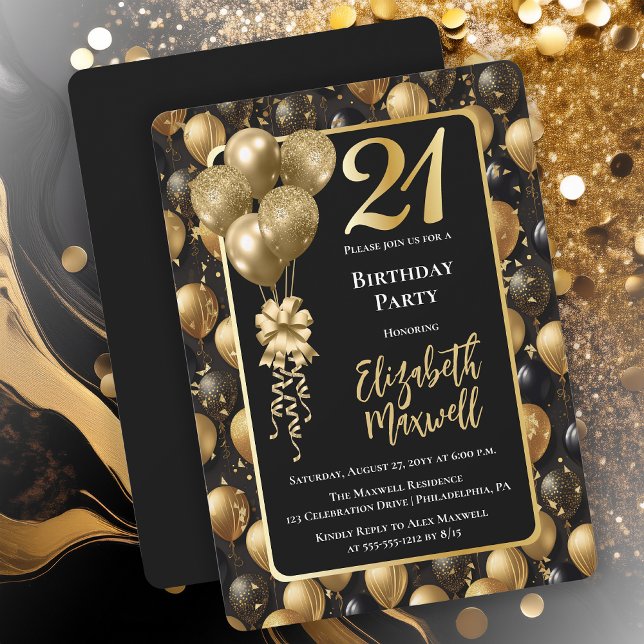 Invitation Elégant Black Gold Parties scintillant Ballons 21e (Elegant Black Gold-Tone Faux Glitter Balloons Pattern 21st Birthday Party Invitation 
Print Digital)