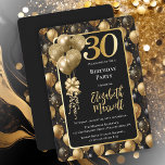 Invitation Elégant Black Gold Parties scintillant Ballons 30e<br><div class="desc">Un motif festif sans couture de ballons noirs et or couleur solide et fausse parties scintillant. Idéal pour célébrer votre 30e anniversaire ! Elégant,  unique et de style glamour avec vous en tête.</div>
