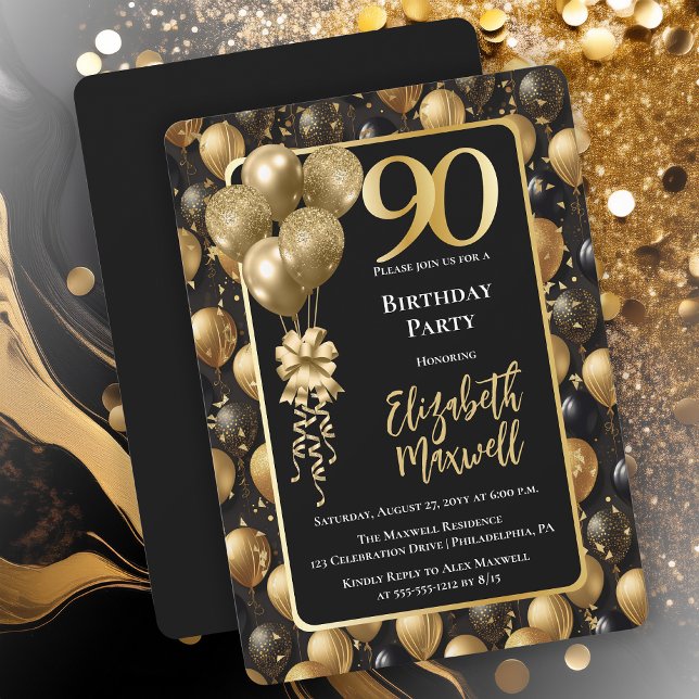 Invitation Elégant Black Gold Parties scintillant Ballons 90e (Elegant Black Gold-Tone Faux Glitter Balloons Pattern 90th Birthday Party Invitation 
Print Digital)