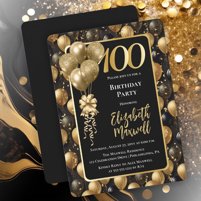 Invitation Elégant Black Gold Parties scintillant Balloon 100 (Elegant Black Gold-Tone Faux Glitter Balloons Pattern 100th Birthday Party Invitation 
Print Digital)