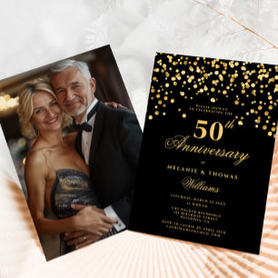 Invitation Elégant Black Gold Photo 50e anniversaire de Maria