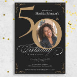 Invitation Elégant Black Gold Photo personnalisée 50e anniver<br><div class="desc">Elégant Black Gold Custom Photo 50th Birthday Invitation. Et élégamment conçu invitation spéciale fête d'anniversaire,  avec une photo personnalisée de personne d'anniversaire et de calligraphie script avec des éléments florissants vintages. Assez simple pour s'adapter à une variété de thèmes et de couleurs ! Besoin d'aide ? Contactez-moi !</div>