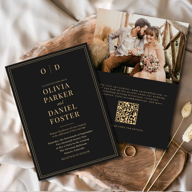 Invitation Elégant Black Gold Photo QR Code Mariage (Créateur téléchargé)