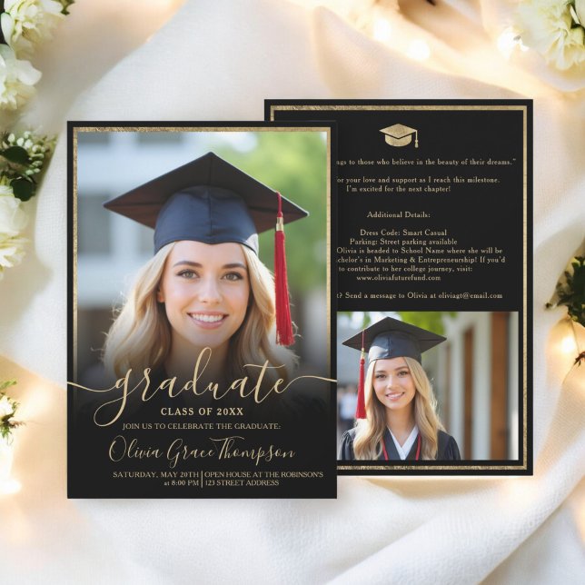 Invitation Élégant Black Gold Photo Script Graduation (Elegant Black Gold Photo Script Graduation Invitation)