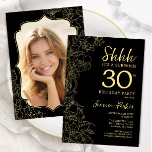 Invitation Elégant Black Gold Photo Surprise 30e anniversaire