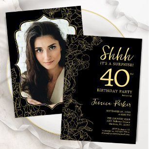 Invitation Elégant Black Gold Photo Surprise 40e anniversaire