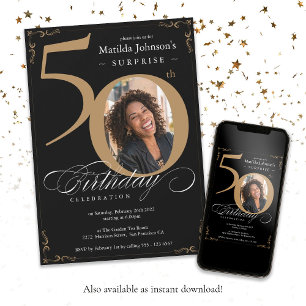 Invitation Elégant Black Gold Photo Surprise 50e anniversaire