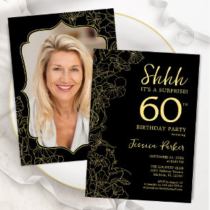Invitation Elégant Black Gold Photo Surprise 60e anniversaire